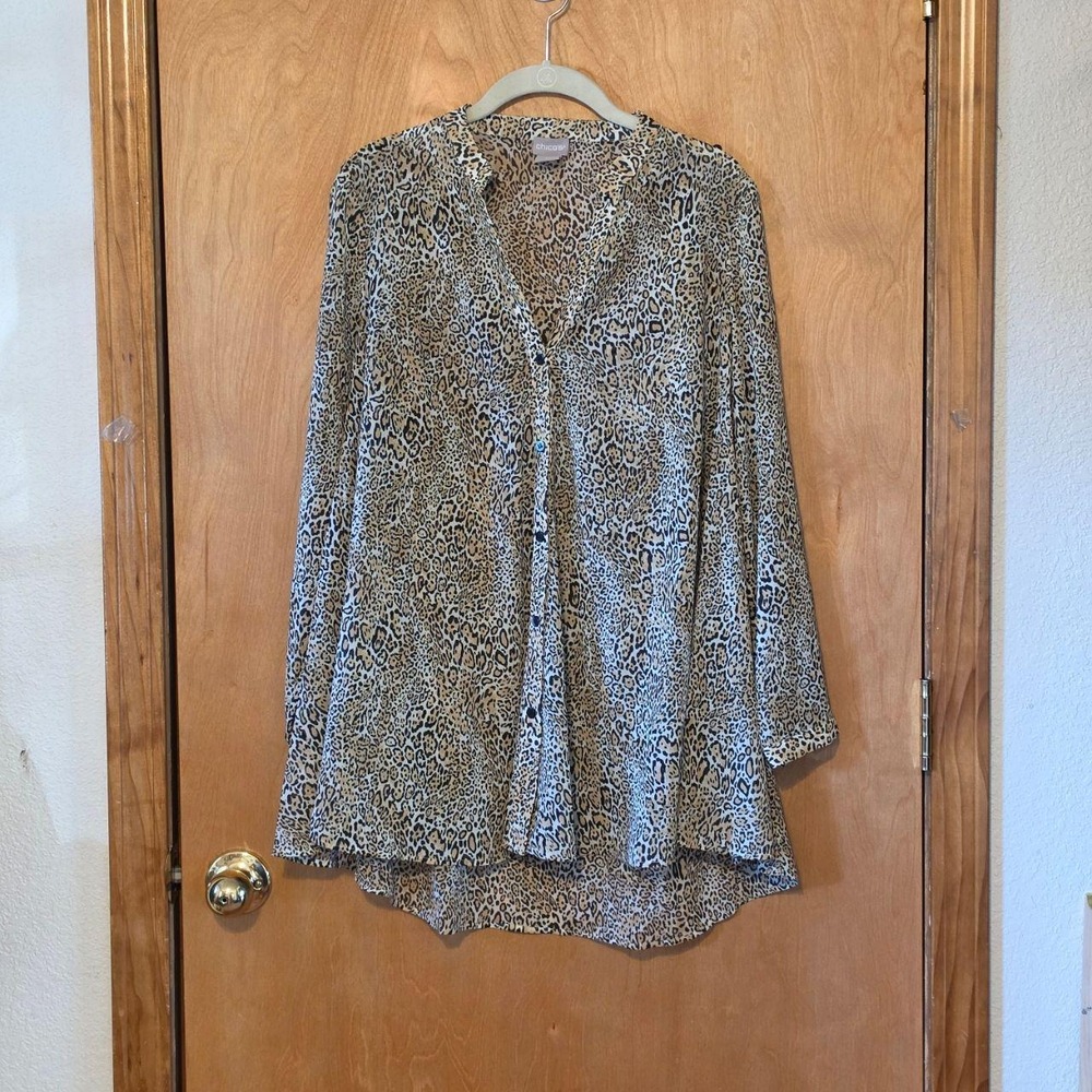 Chico's Leopard Print Convertible Button Down Tunic Shirt Size 0 Small US 4/6